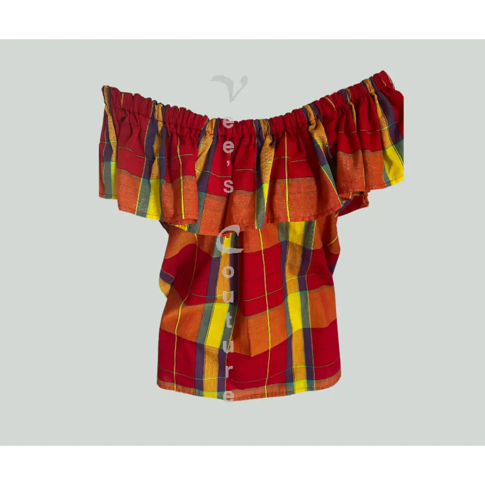 Single Layer Off-Shoulder Madras Blouse Bold Red